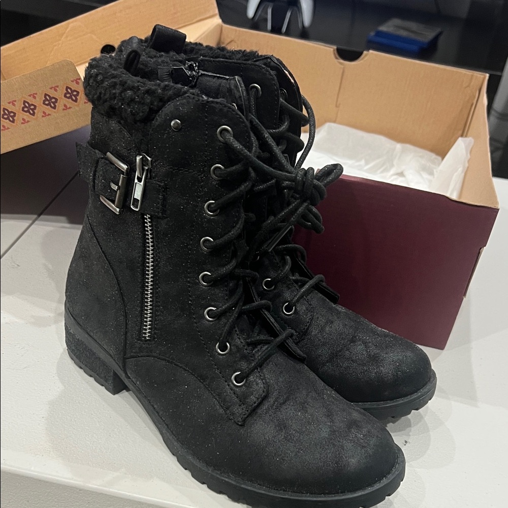 Skechers Black Moto Boots with Buckle Detail